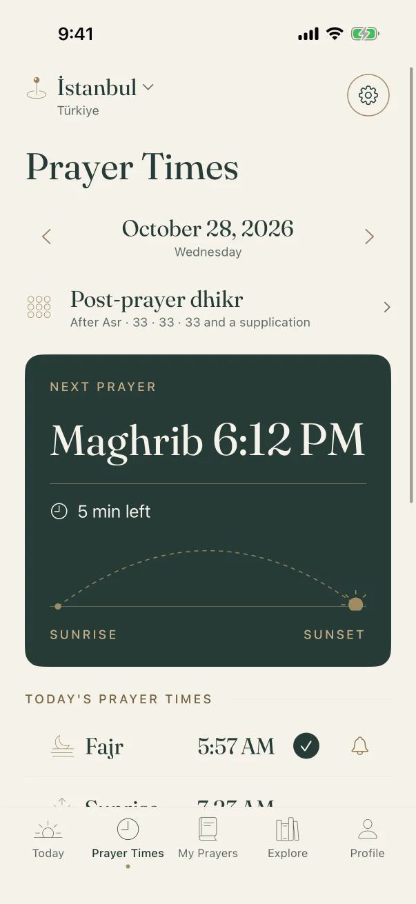 Prayer times screen: the six times of the day with prayer-tracking marks