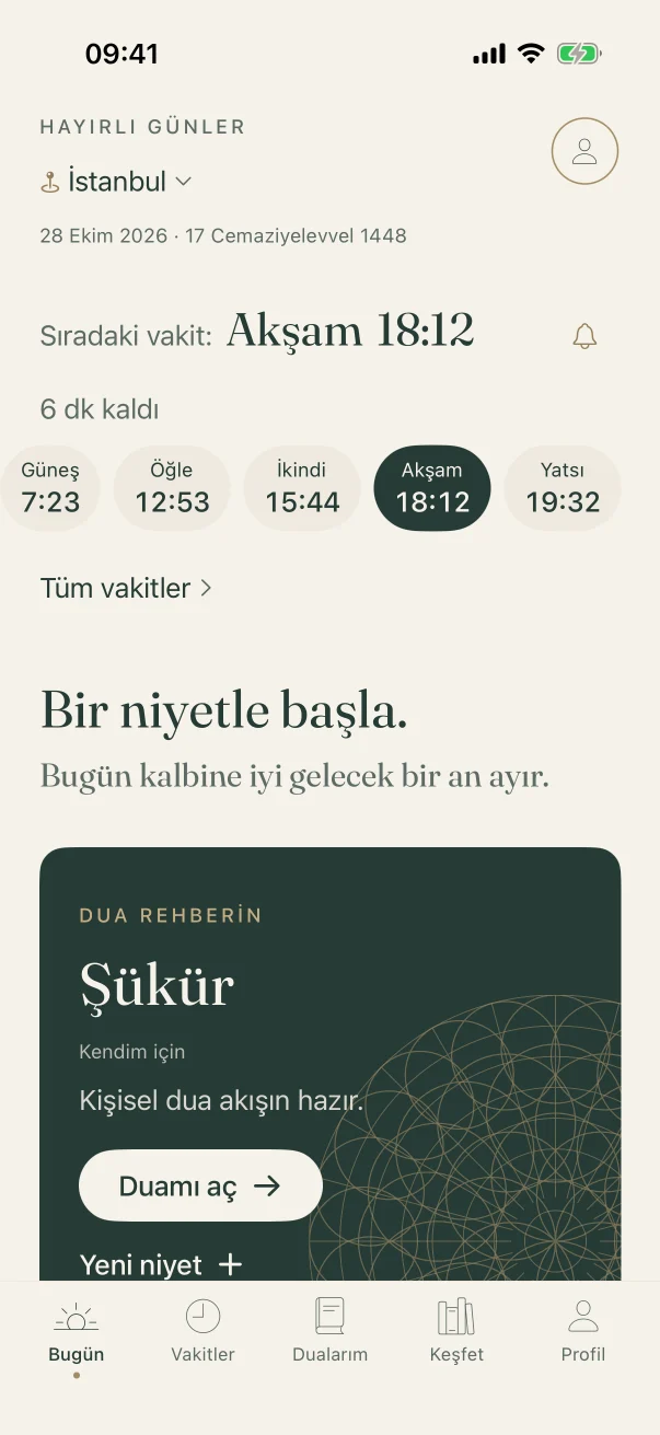Yusran Bugün ekranı: sıradaki vakit, vakit şeridi ve “Bir niyetle başla” başlığı
