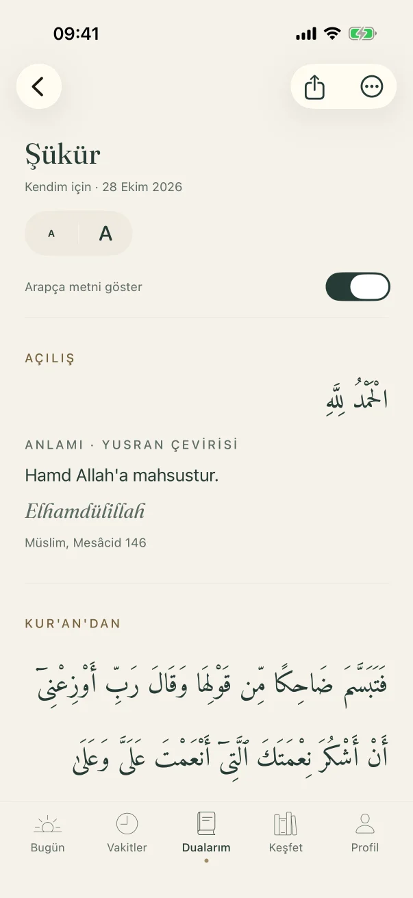 Şükür niyetinin dua akışı: Arapça metin, anlamı ve kaynağı