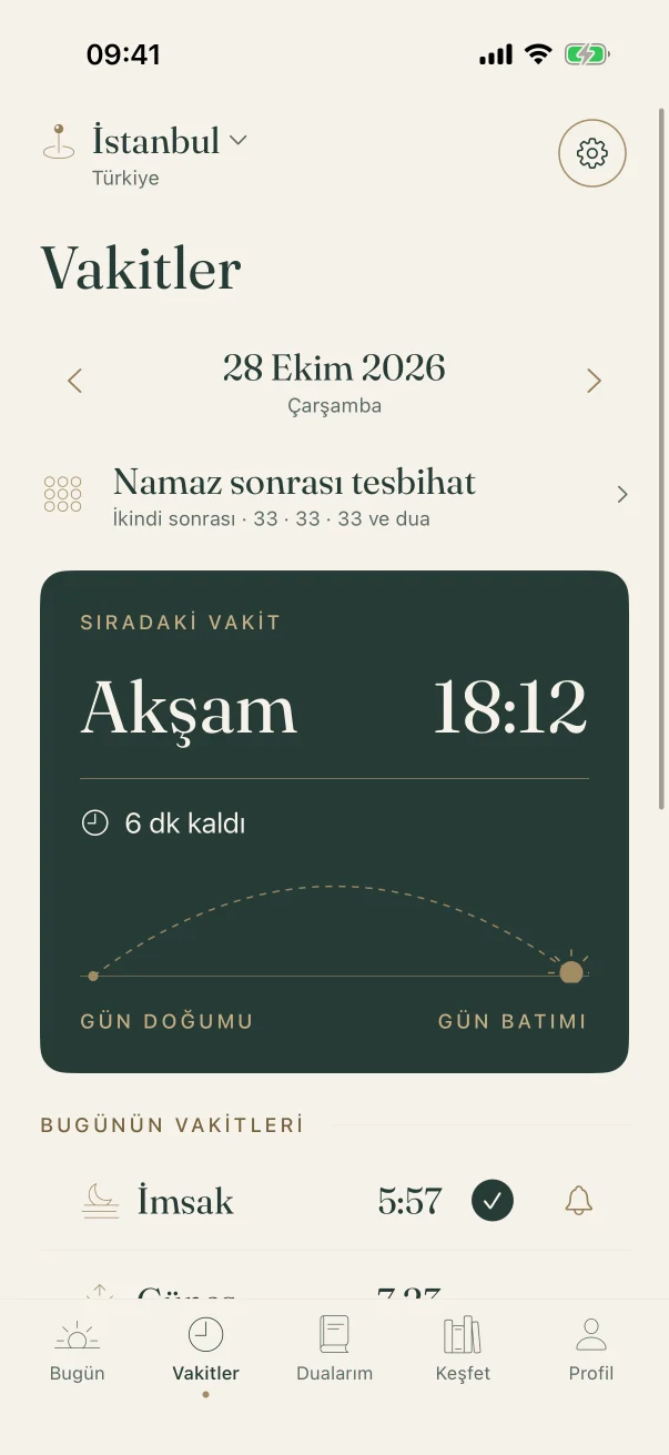Vakitler ekranı: günün altı vakti ve namaz takibi işaretleri